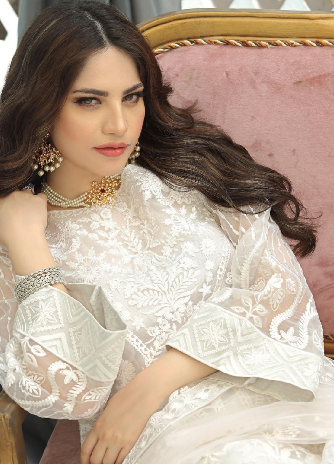 PARTY SUIT WORN BY NEELUM MUNIR Unstitch FABRIC ORGANZA Front Full Heavy Embroidered With Sequence&nbsp;