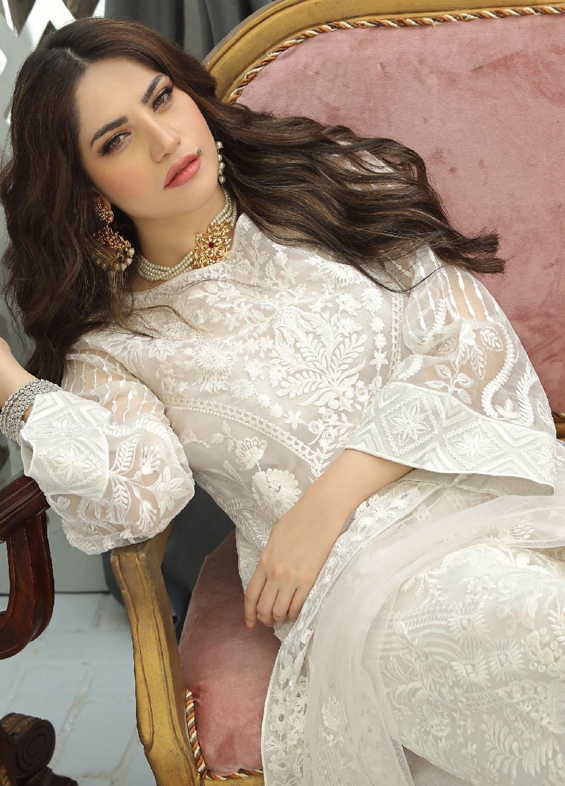 PARTY SUIT WORN BY NEELUM MUNIR Unstitch FABRIC ORGANZA Front Full Heavy Embroidered With Sequence&nbsp;